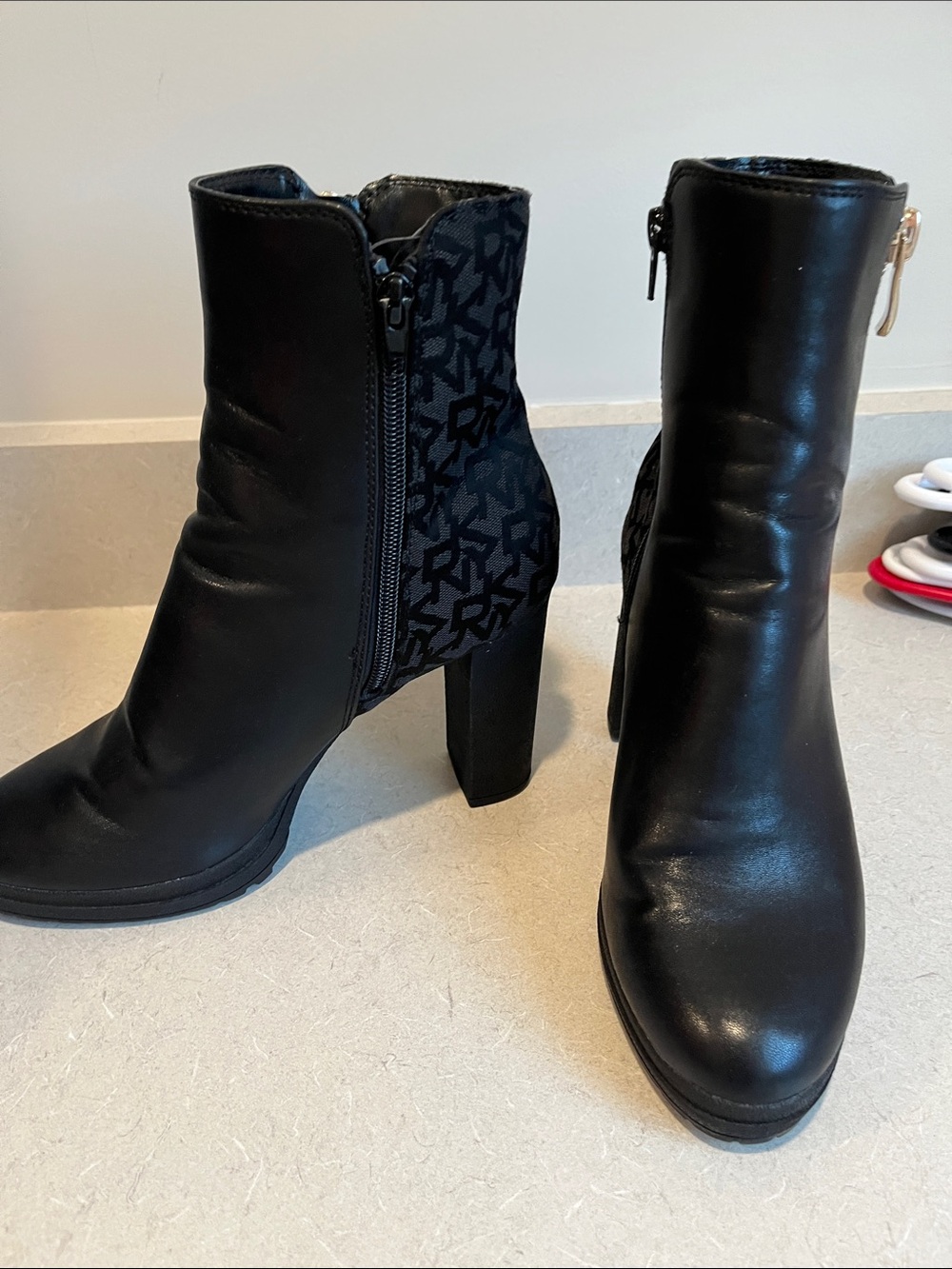 DKNY Black Ankle Heeled Boots with Logo-Patterned Side Panel